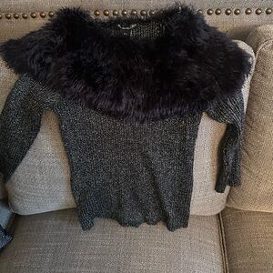 Elegant Black Sweater with Faux Fur Collar